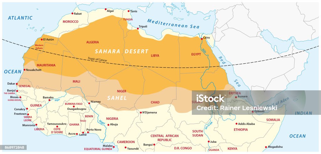 Map of the Sahara desert and Sahel zone Vector map of the Sahara desert and Sahel zone Sahel stock vector