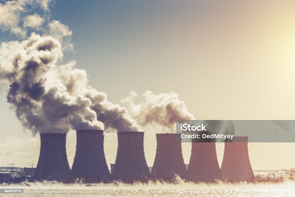 Cooling towers of Nuclear Power Plant or NPP in Novovoronezh, radioactive Cooling towers of Nuclear Power Plant or NPP in Novovoronezh, radioactive energy reactor Nuclear Power Station Stock Photo