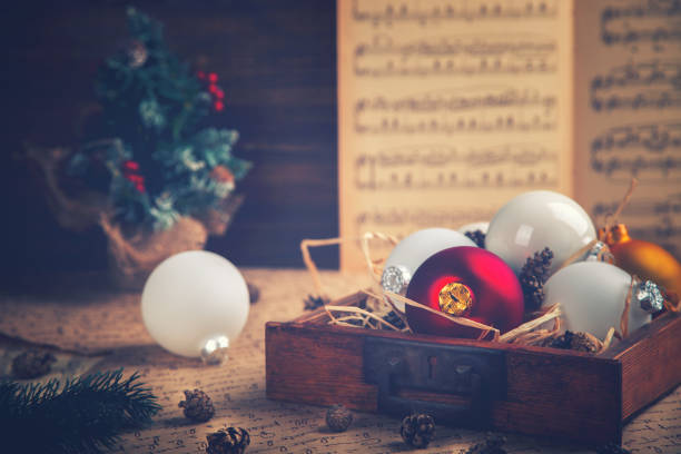 istock Vintage Christmas Card Gift Box Red White Ball Toy 868988648