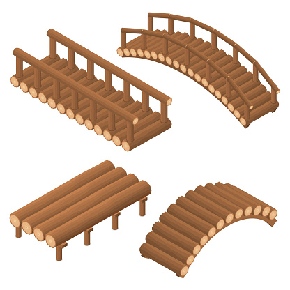 The bridge of wooden logs. Arched and straight. Flat 3D isometric set. Engineering Structure of trees across the river. Viaduct. Beams and supports. Vector illustration.