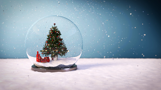3D render of a snow ball with a Christmas tree inside.