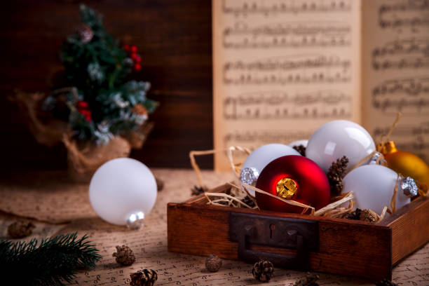 istock Vintage Christmas Card Gift Box Red White Ball Toy 868999810