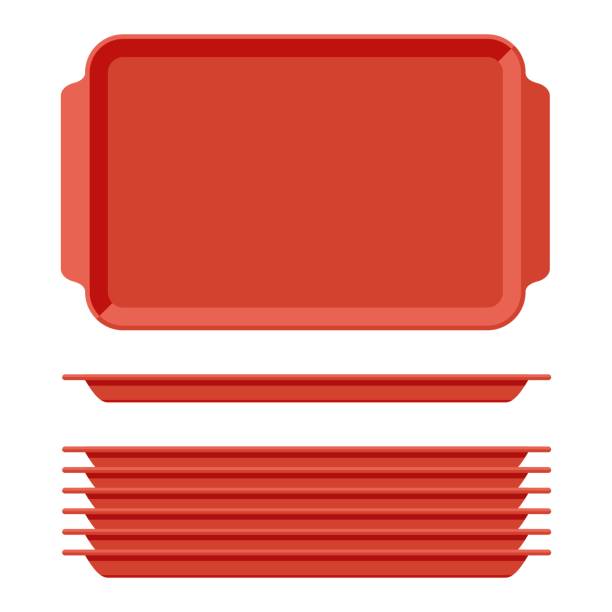 illustrations, cliparts, dessins animés et icônes de plateau rouge en plastique alimentaire blanc serti de poignées. plateaux de cuisine rectangulaire isolé sur fond blanc. plateau en plastique pour l’illustration de la cantine, pile de rectangle plaque vue de dessus - cooking mess