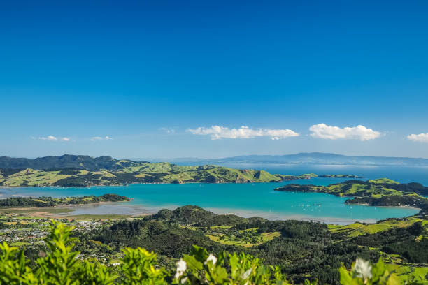 Aerial view of Coromandel Town and Mcgregory Bay from the Tokatea Lookout. (North Island, NZ) Coromandel Town coromandel peninsula stock pictures, royalty-free photos & images