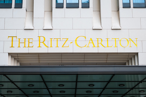 Berlin, Germany - october 2017: The Ritz Carlton logo on the  building exterior of the Ritz Carlton Hotel in Berlin, Germany