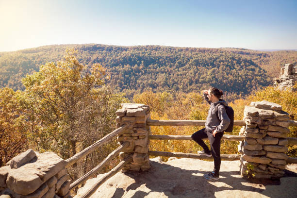 A man backpacking in Coopers Rock State Forest in West Virginia, USA.