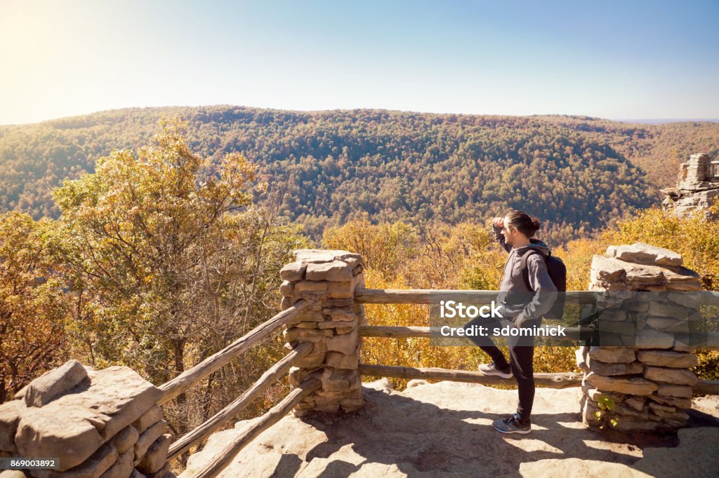 Man Hiking In The Fall Mountains A man backpacking in Coopers Rock State Forest in West Virginia, USA. Hiking Stock Photo