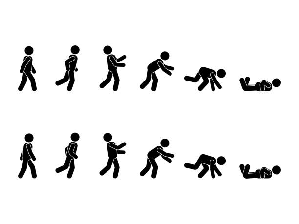 ilustrações de stock, clip art, desenhos animados e ícones de walking man stick figure pictogram set. different positions of stumbling and falling icon set symbol posture on white - wrong injury