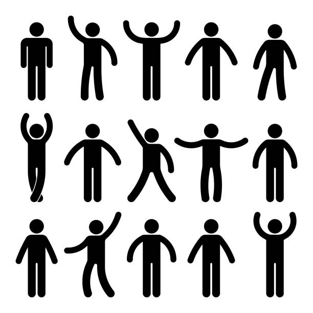 Stick figure standing position. Posing person icon posture symbol sign pictogram on white Stick figure standing position. Posing person icon posture symbol sign pictogram on white arms raised stock illustrations