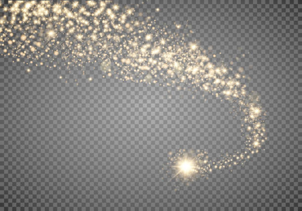 ilustraciones, imágenes clip art, dibujos animados e iconos de stock de ola brillante cósmica. oro brillantes estrellas polvo camino partículas brillantes sobre fondo transparente. cola de la cometa del espacio. 10 eps vectorial - tail