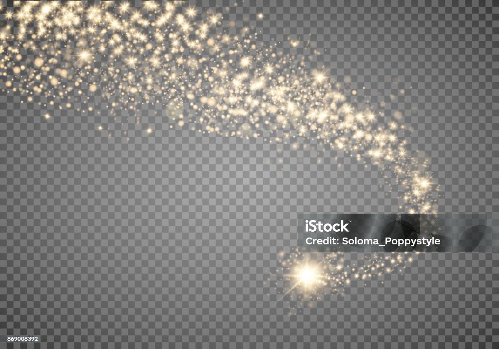 Onda scintillante cosmica. Le stelle scintillanti d'oro spolverano le particelle scintillanti su sfondo trasparente. Coda di cometa spaziale. Vettore EPS 10 - arte vettoriale royalty-free di Meteora - Spazio