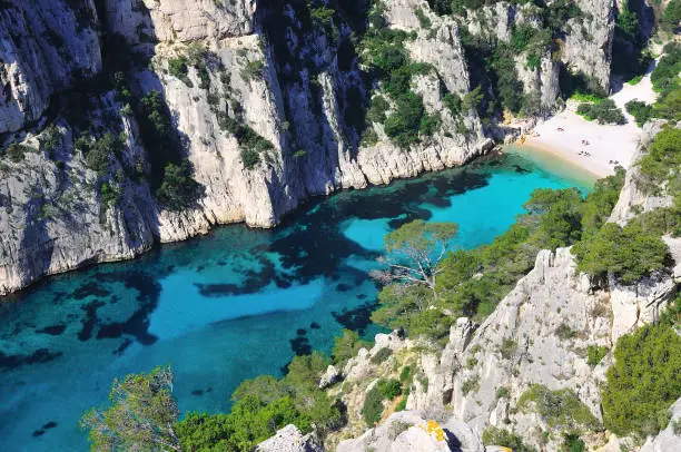 The clearblue waters of the magnificent Calanque d'En-Vau, located between Marseilles and Cassis, Southern France