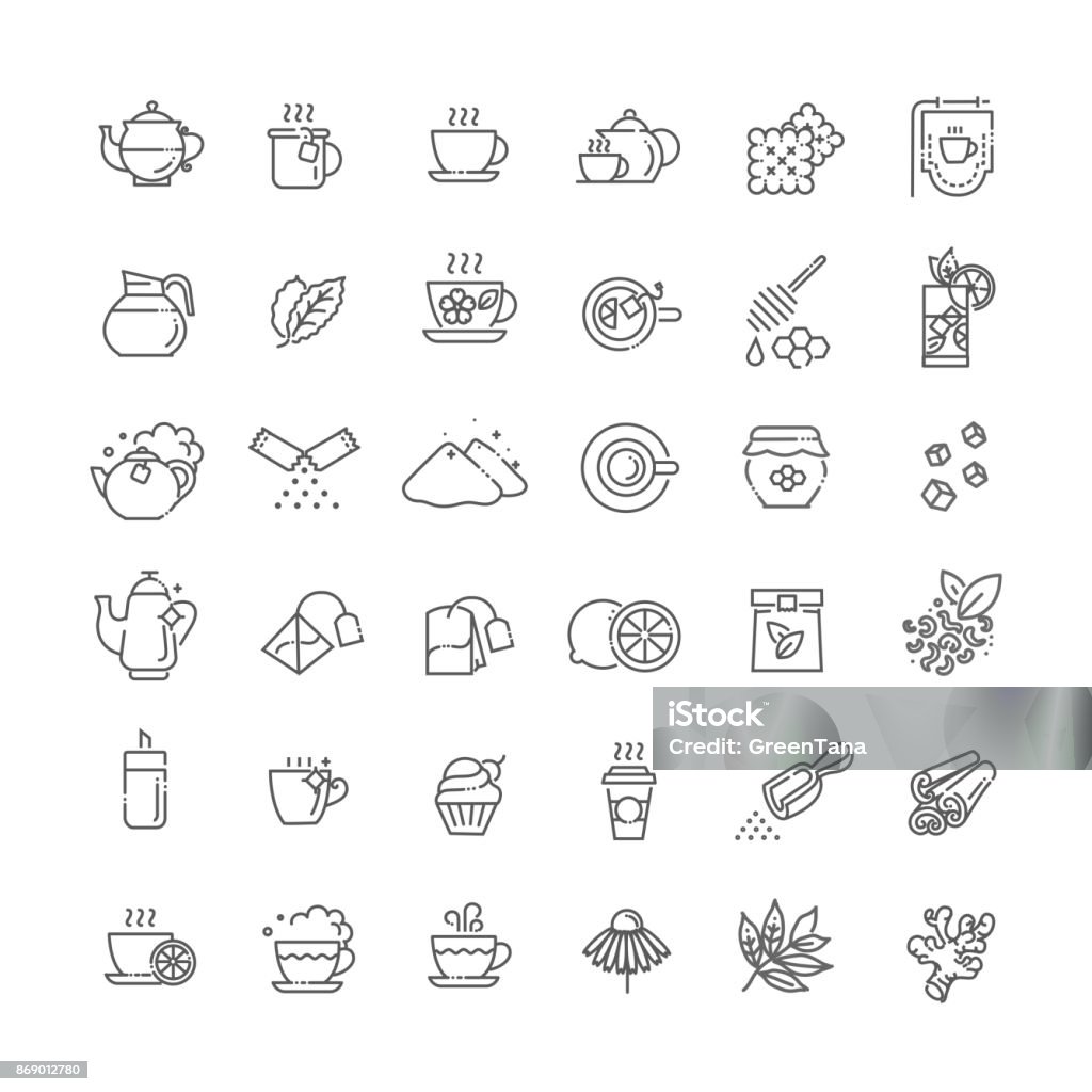 Conjunto de ícones de chá. Ilustração em vetor linha fina - Vetor de Ícone de Computador royalty-free