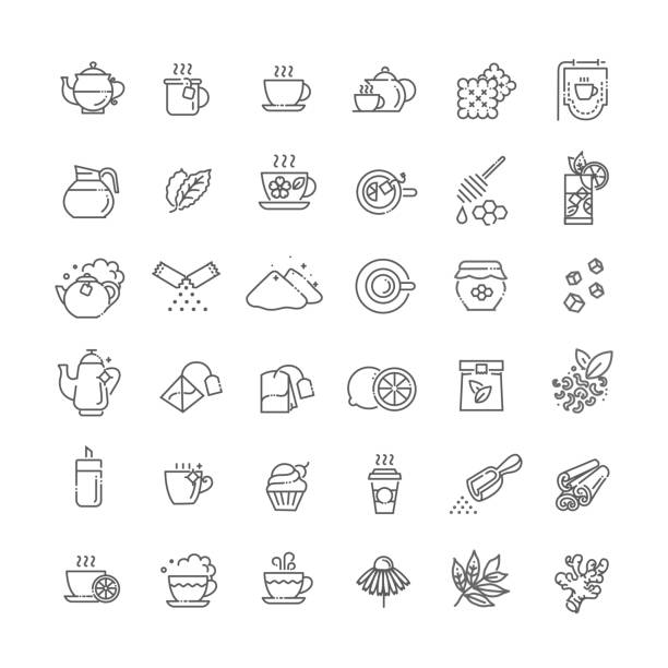 ilustrações de stock, clip art, desenhos animados e ícones de tea icon set. thin line vector illustration - sugar