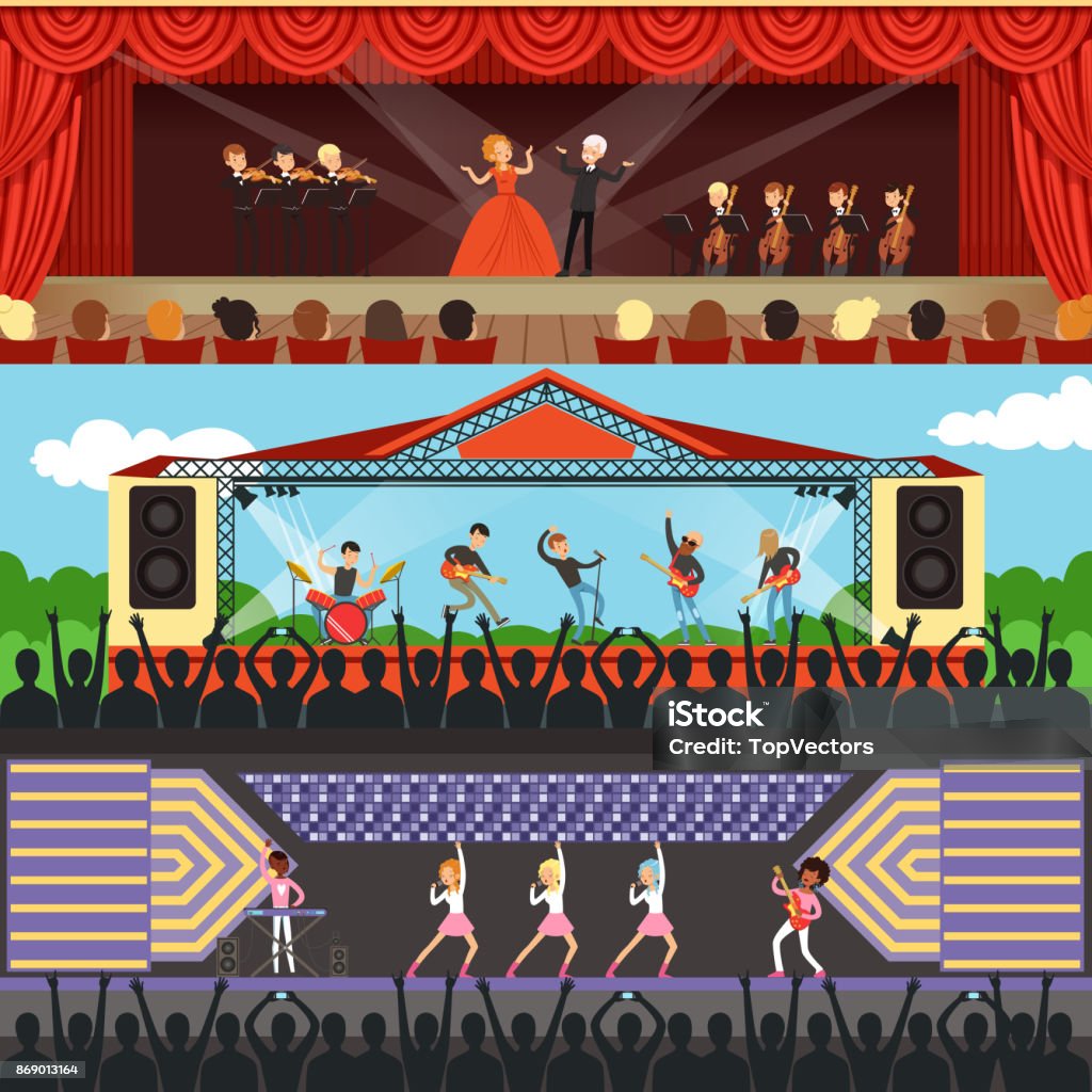 Concerts set with musicians and artists characters Concerts set horizontal banners. Opera theater with orchestra, artists and red curtains, pop music event, rock music open air festival. Musicians performing at stage. Flat vector cartoon illustration. Concert stock vector