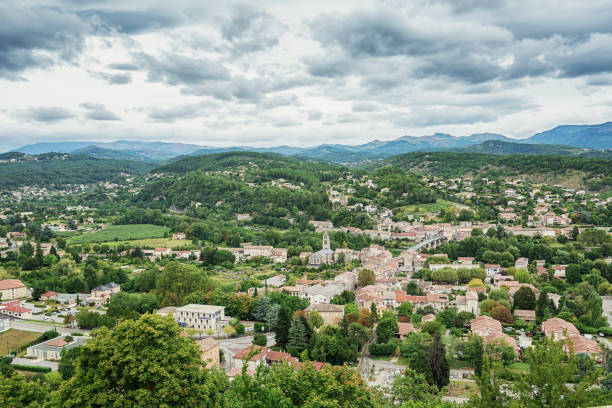 Panorama on the city of Aubenas in the Ardeche region in France with in the background the Ardeche mountains