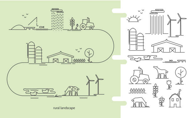 Vector illustration ecology farm infographic with icons thin lines style. Vector illustration ecology farm infographic with icons thin lines style. Flat design rural landscape. Set elements with road house and wind mill,tractor, sun and farm animals. wheat ranch stock illustrations