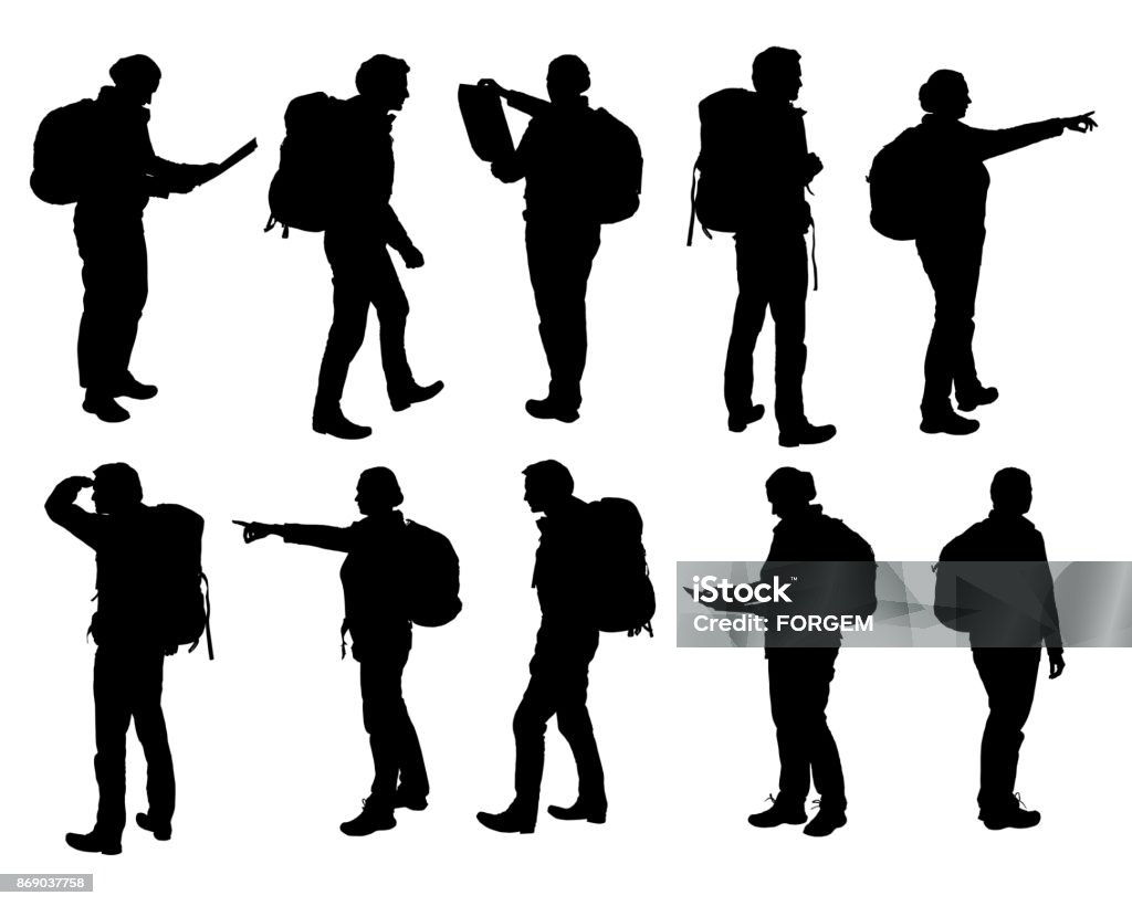 Conjunto de siluetas realista vector de hombre y mujer de pie, caminar y mostrando mano y mapa y mochila en diferentes poses - aislados en fondo blanco - arte vectorial de Ícono libre de derechos