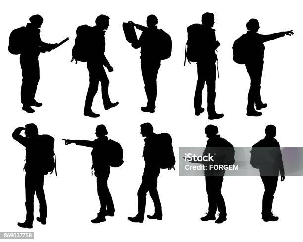 Set Of Vector Realistic Silhouettes Of Man And Woman Standing Walking And Showing Hand And Map And Backpack In Different Poses Isolated On White Background Stock Illustration - Download Image Now