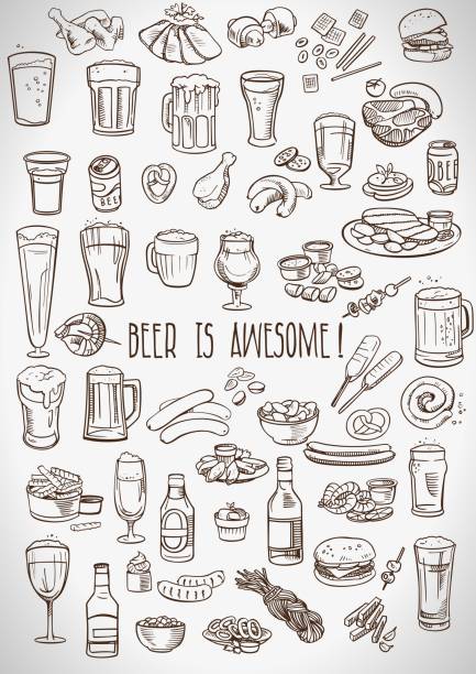 illustrazioni stock, clip art, cartoni animati e icone di tendenza di birra abbozzata e snack - bibita illustrazioni