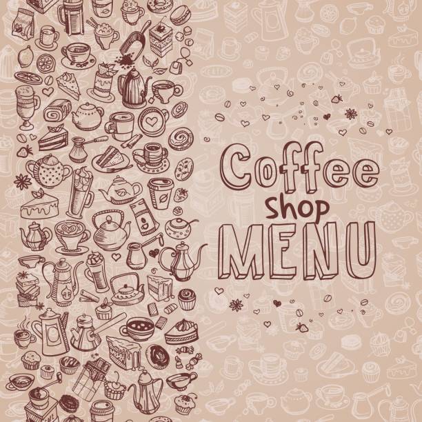 hand drawn coffee background background with hand drawn coffee and confectionery, vector food cake tea sketch stock illustrations