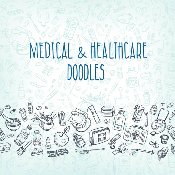 illustrazioni stock, clip art, cartoni animati e icone di tendenza di medicina doodle sfondo - thermometer healthcare and medicine backgrounds isolated