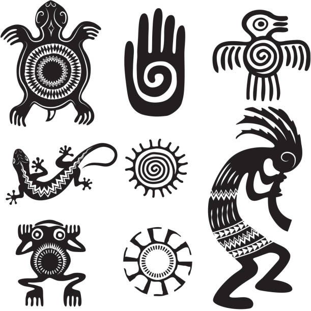 Set of Native Americans ethnic symbols. Aztec symbols. Black and white. Set of Native Americans ethnic symbols. Aztec symbols. Black and white. prehistoric turtle stock illustrations