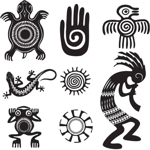 Vector illustration of Set of Native Americans ethnic symbols. Aztec symbols. Black and white.