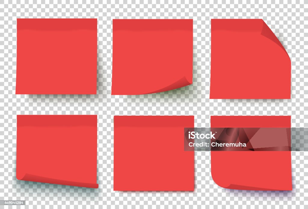 Red vector post sticky notes. Red post note set vector. Notes with curled corners isolated on transparent background. Sticky note collection. Adhesive Note stock vector