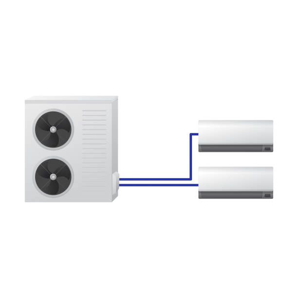 The air conditioning system. Modern multi-split technology. The air conditioning system vector illustration. One outdoor and two indoor unit. Modern multi-split technology. Air handler multiengine stock illustrations
