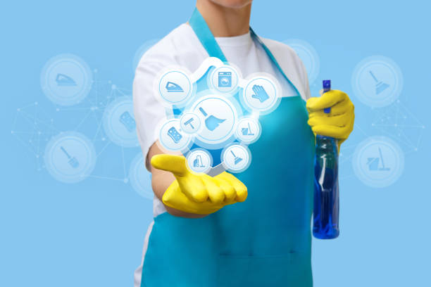 istock Cleaning lady shows cleaning services . 869053178