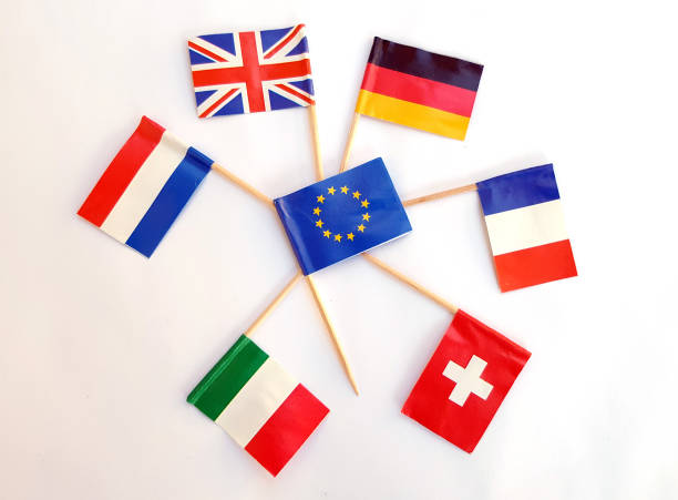 National flags of different countries, miniature paper flag pointer on white background