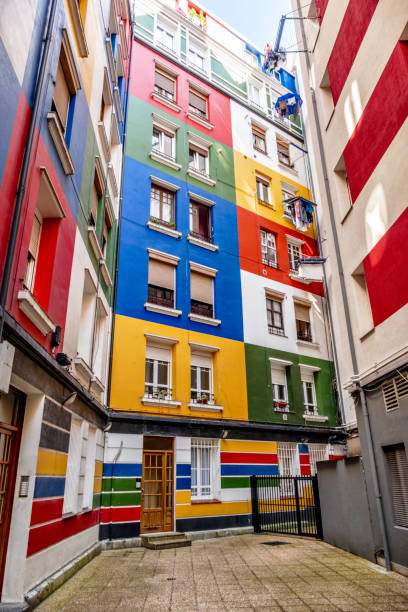 Multicolored residential building facade at Bilbao, Basque Country, Spain
