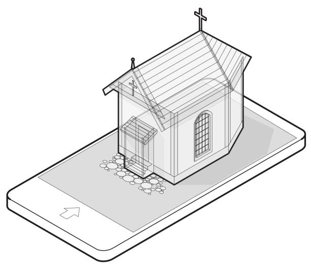 ilustrações, clipart, desenhos animados e ícones de delineou o vetor cristã pequena igreja no telefone móvel, em perspectiva isométrica. - religious icon telephone symbol mobile phone