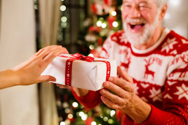 Senior man in front of Christmas tree holding a gift. Senior man standing in front of illuminated Christmas tree inside his house holding a present, laughing. christmas human hand christmas ornament decoration stock pictures, royalty-free photos & images