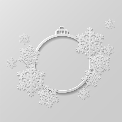 White lace pendant on wooden background. Decorative design element, holiday decoration for Christmas and New Year cards. Vector illustration