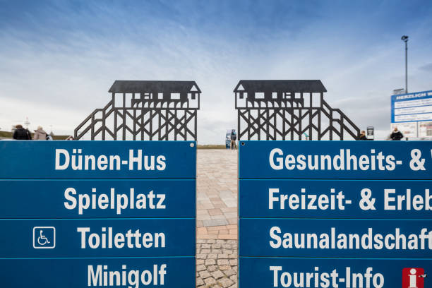 Close up of blue signs in the center of St. Peter-Ording at the north sea, Germany. They are indicating the direction to different attractions. On top of the signs there are two pile dwellings as a symbol for the typical buildings of the beach of St. Peter-Ording.