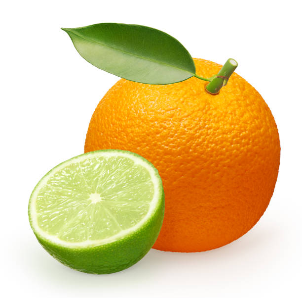 istock Orange fruit with green leaf and half of lime 869065894