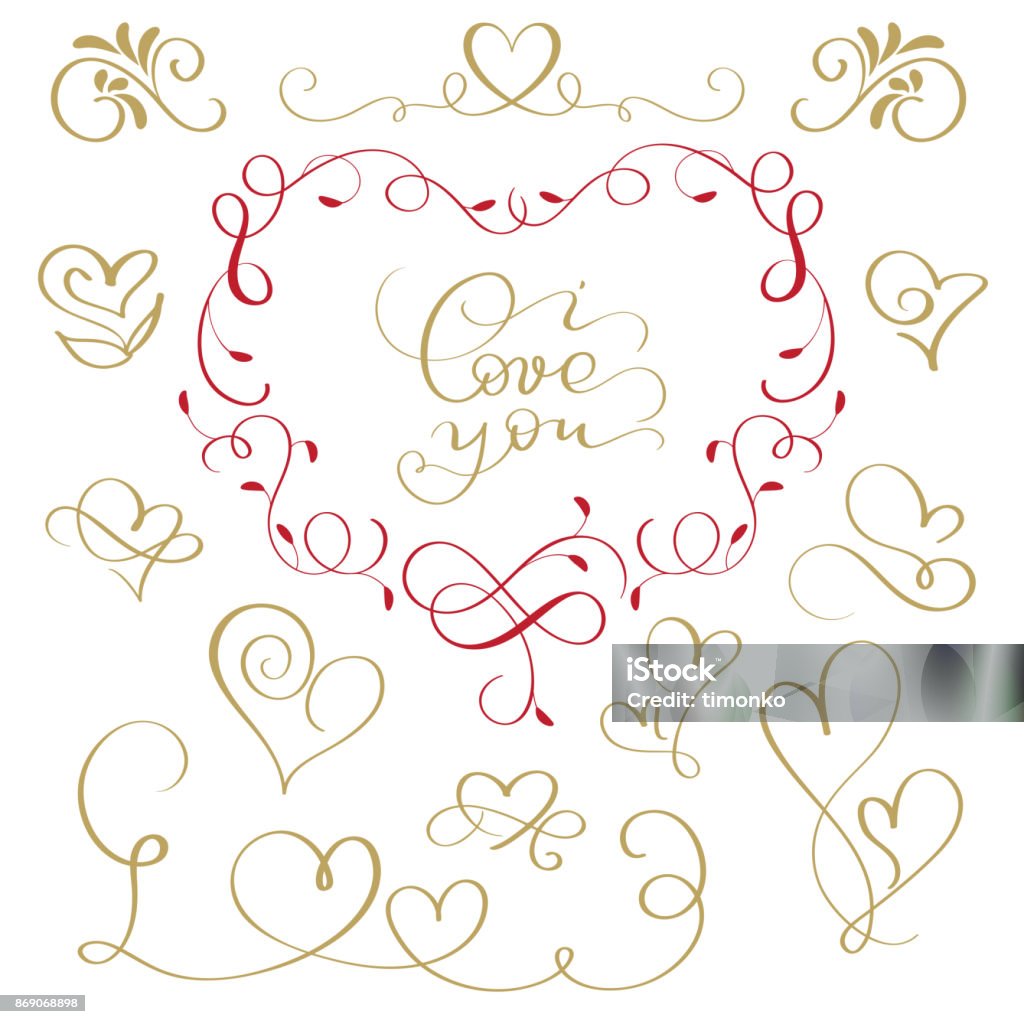 hand-written vector illustration flourish calligraphic inscription text I love you and a set of icons of hearts hand-written vector illustration flourish calligraphic inscription text I love you and a set of icons of hearts. Heart Shape stock vector