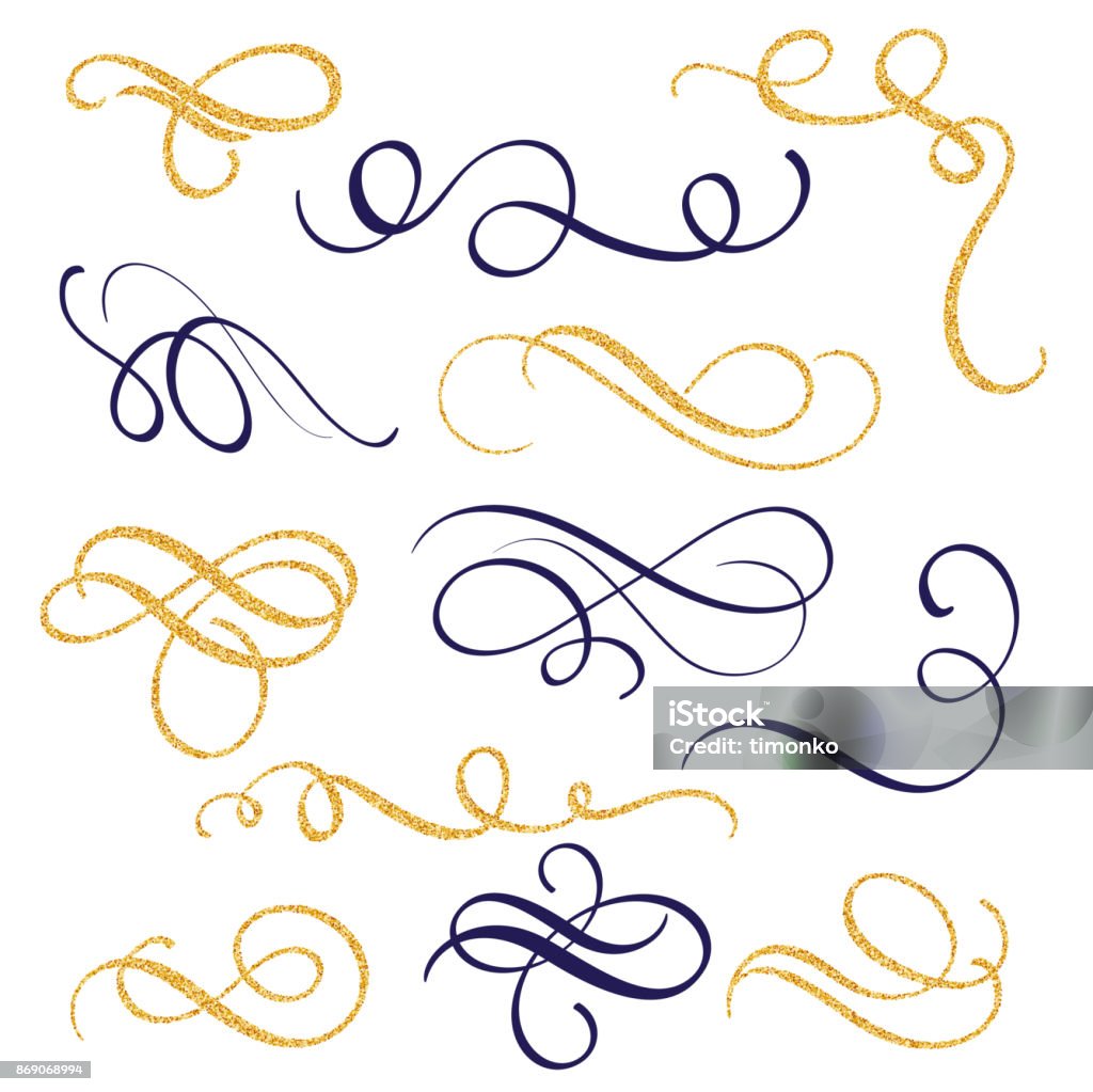 Hand drawn gold and black ink swirls and flourishes. Vector illustration Calligraphic design elements Hand drawn gold and black ink swirls and flourishes. Vector illustration Calligraphic design elements. Flourish - Art stock vector