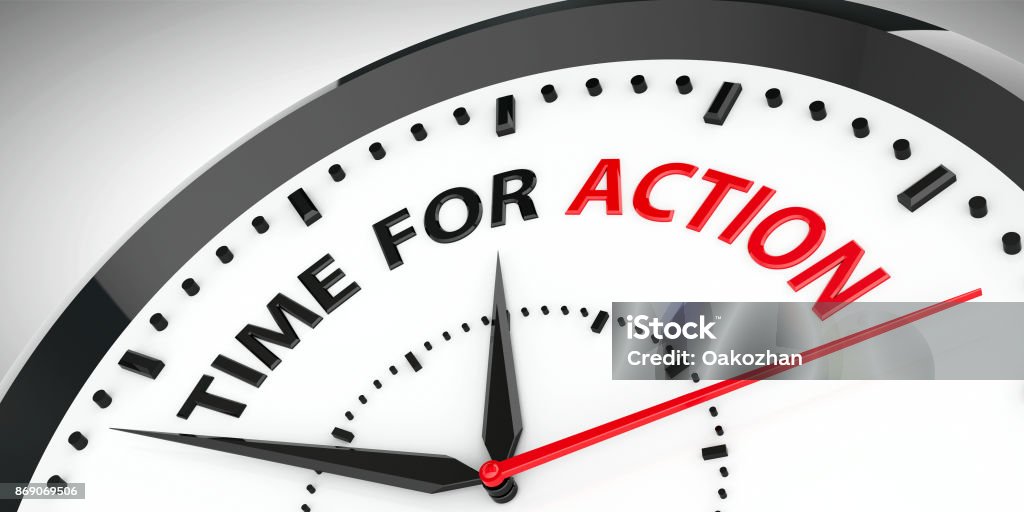 Clock - Time for action Clock with text - Time for action, three-dimensional rendering, 3D illustration Motion Stock Photo