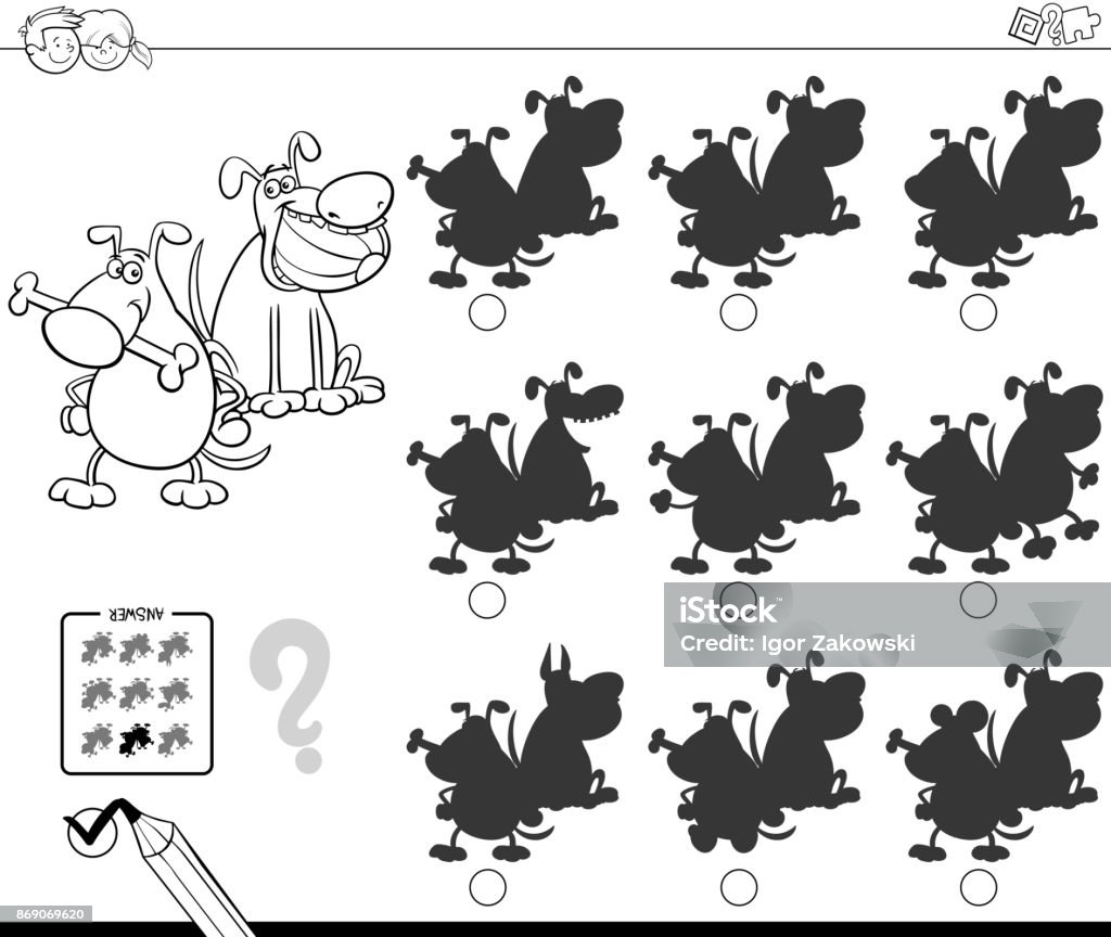 shadows with funny dogs coloring book Black and White Cartoon Illustration of Finding the Shadow without Differences Educational Activity for Children with Dogs Animal Characters Coloring Book Animal stock vector