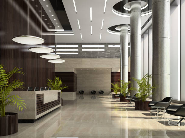 istock Interior of a hotel reception 3D illustration 869073698