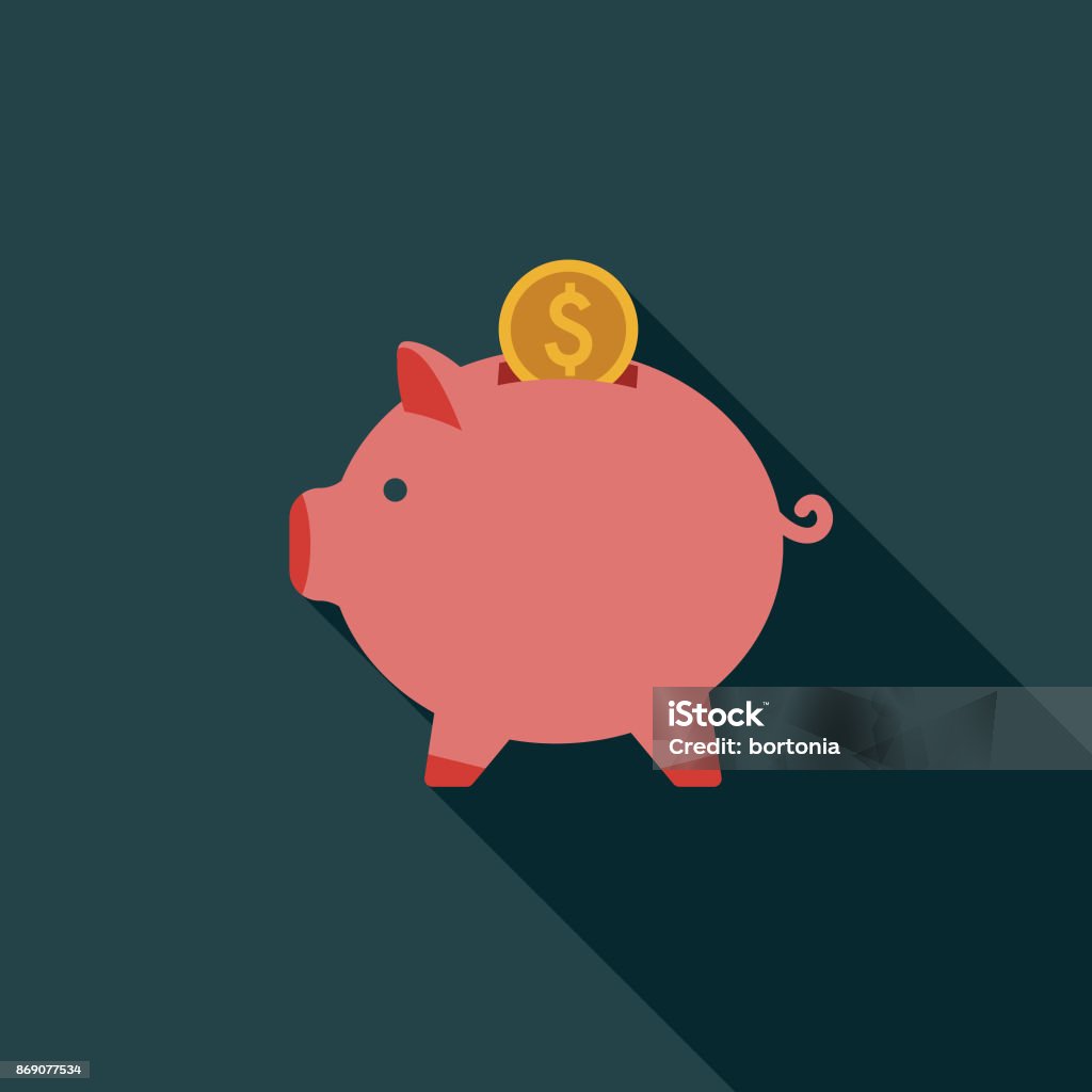 Flat Design Real Estate Savings Icon with Side Shadow A flat design styled real estate icon with a long side shadow. Color swatches are global so it’s easy to edit and change the colors. Piggy Bank stock vector