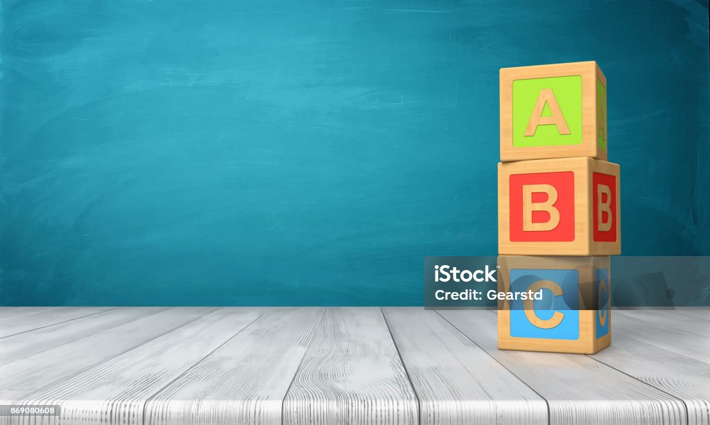 rendu 3D d’un blocs de trois jouets debout sur un bureau en bois dans une tour avec des lettres A, B et C sur eux. - Photo de Enfance libre de droits