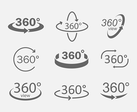360 degree views of vector circle icons isolated from the background. Signs with arrows to indicate the rotation or panoramas to 360 degrees.