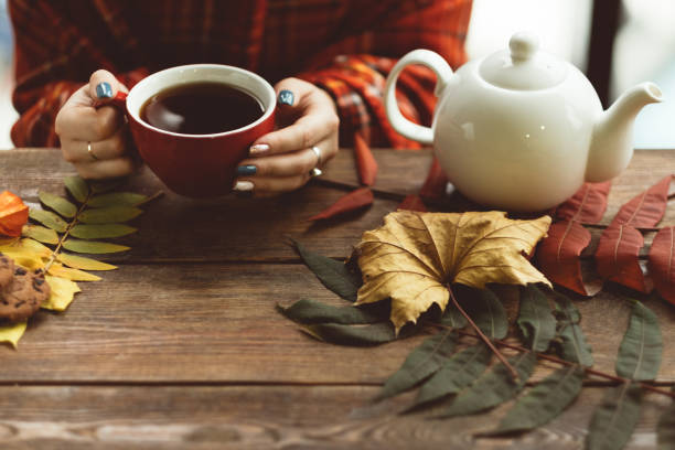 istock Woman cup warm tea autumn background concept 869089300