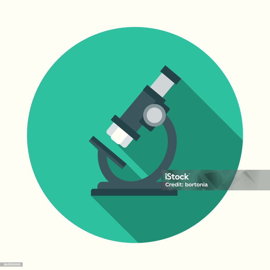 Flat Design Healthcare Microscope Icon with Side Shadow A flat design styled healthcare icon with a long side shadow. Color swatches are global so it’s easy to edit and change the colors. Microscope stock vector