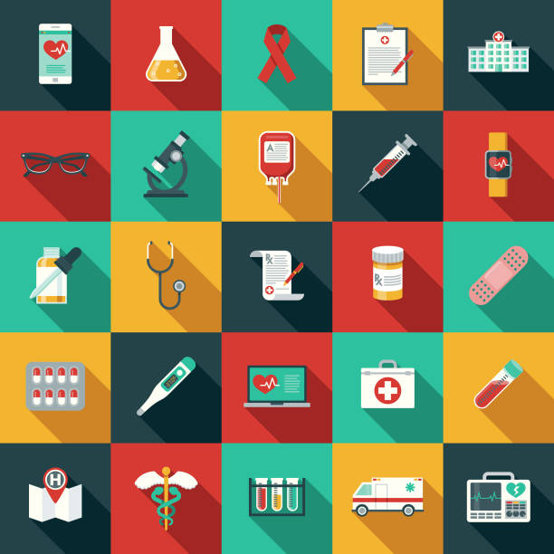 Flat Design Healthcare & Medicine Icon Set with Side Shadow A set of flat design styled healthcare & medicine icons with a long side shadow. Color swatches are global so it’s easy to edit and change the colors. blood testing stock illustrations