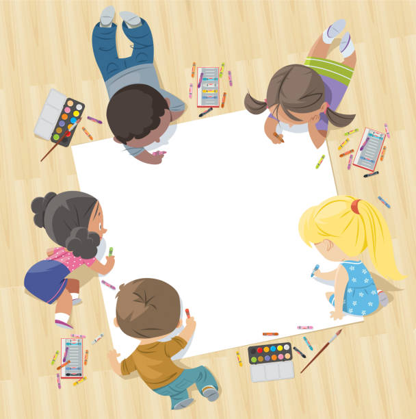 children draw together on a large sheet of paper Vector children draw together on a large sheet of paper child paintbrush stock illustrations